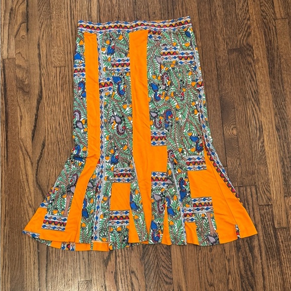Tory Burch Orange and Blue Midi A-Line Jada Tropical Pattern Skirt Size Small - Picture 6 of 11